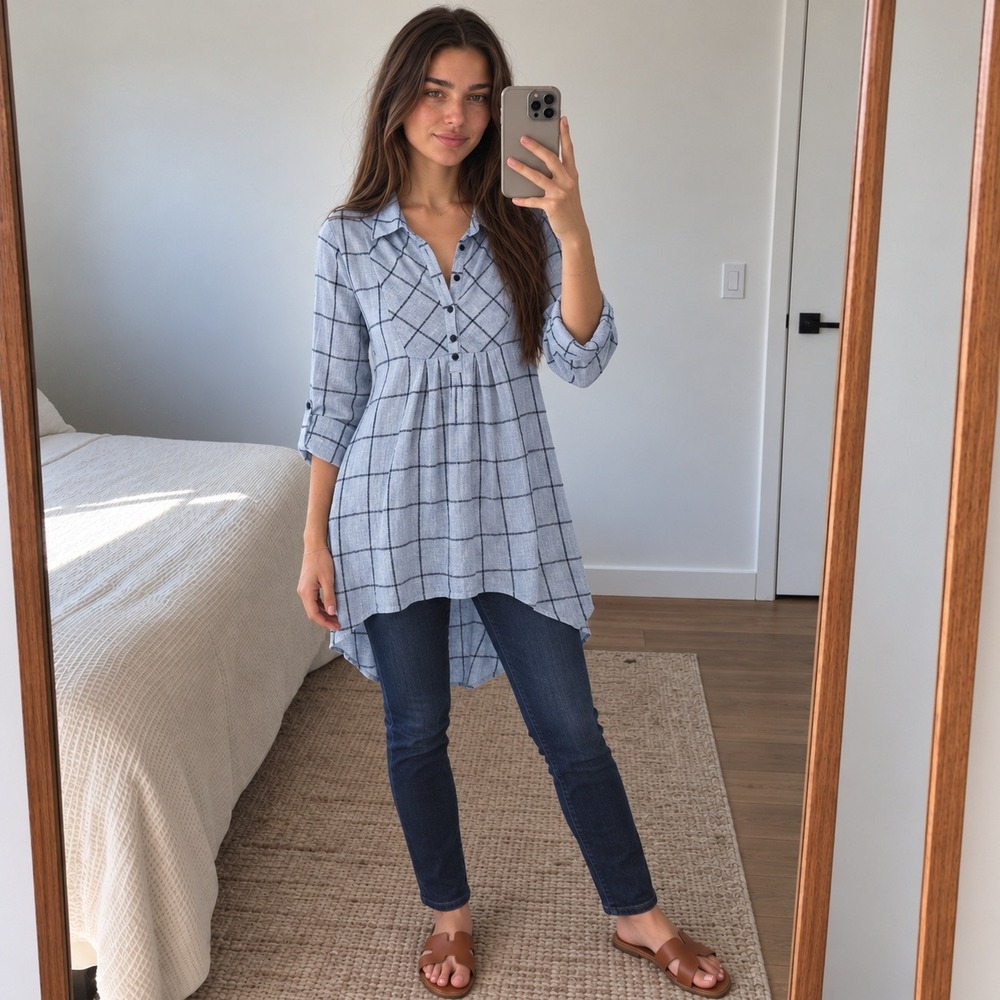Sundance Womens Tunic Blouse S Gray Windowpane High Low Roll Tab Boho Coastal